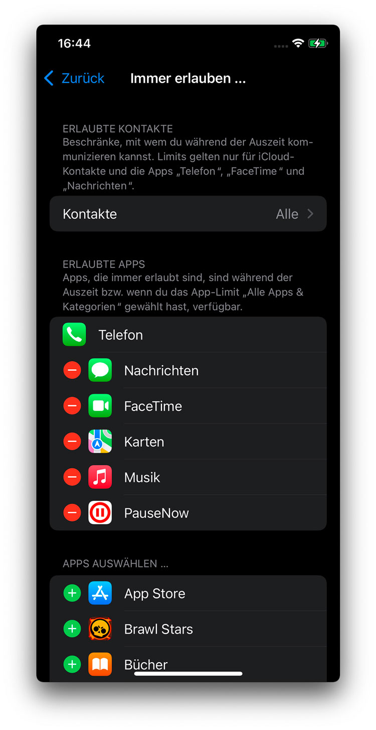 Immer erlaubt — diese Apps bleiben während einer Pause erreichbar