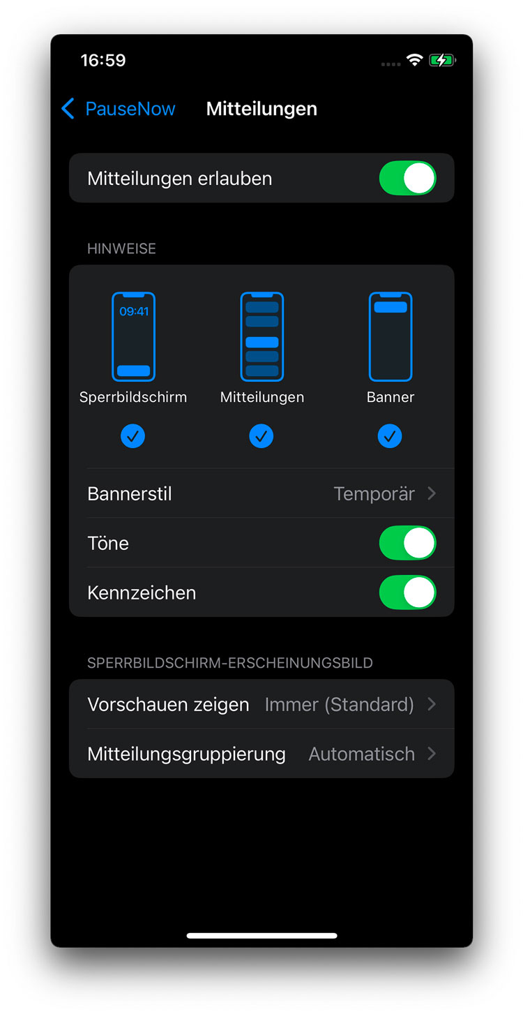 Berechtigung: Mitteilungen erlauben